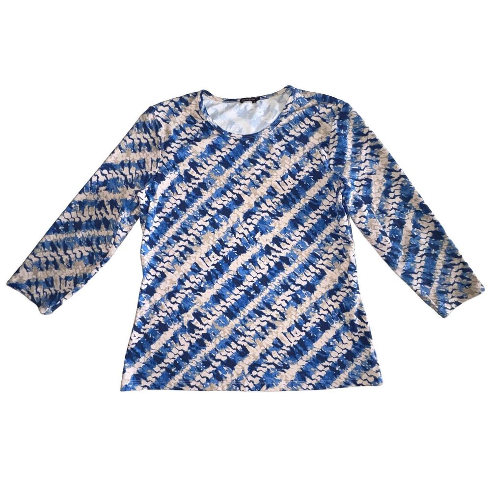 J. McLaughlin Blue Print Top Shirt Catalina Cloth Knit Size Large 3/4 Sleeves